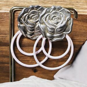 Vtg Pewter 3D Metal Rose Earrings Baby Pink Double Loops Romantic Roses Flower